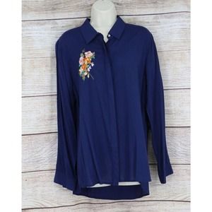 Umgee Womens Button Down Light Blouse w/ Floral Embroidery Sz Small Medium Navy